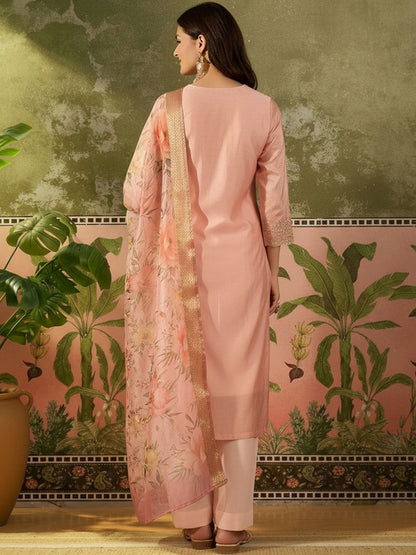 Embroidered Round Neck Kurta & Trousers With Dupatta