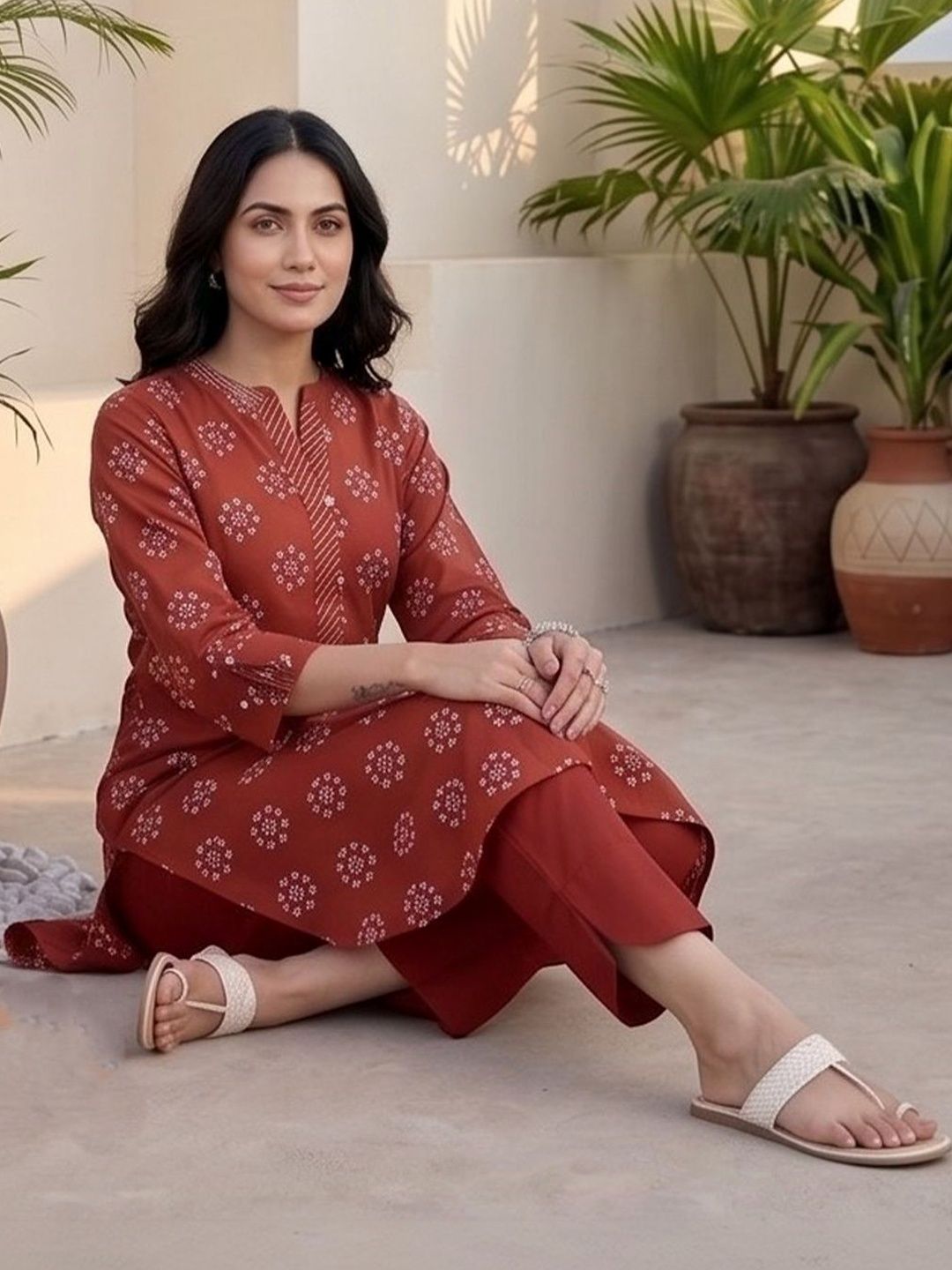 Red Women Ethnic Motifs Printed Regular Kurta with Trousers