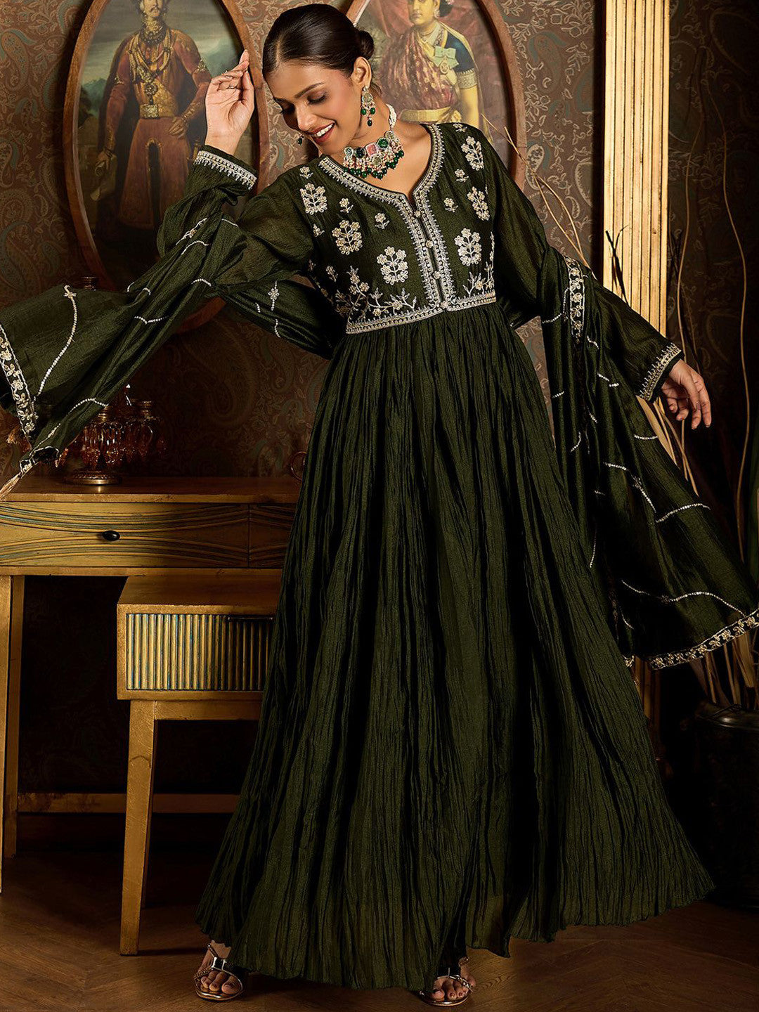 Floral Yoke Design Pleated Thread Work Anarkali Kurta With Trousers & Dupatta