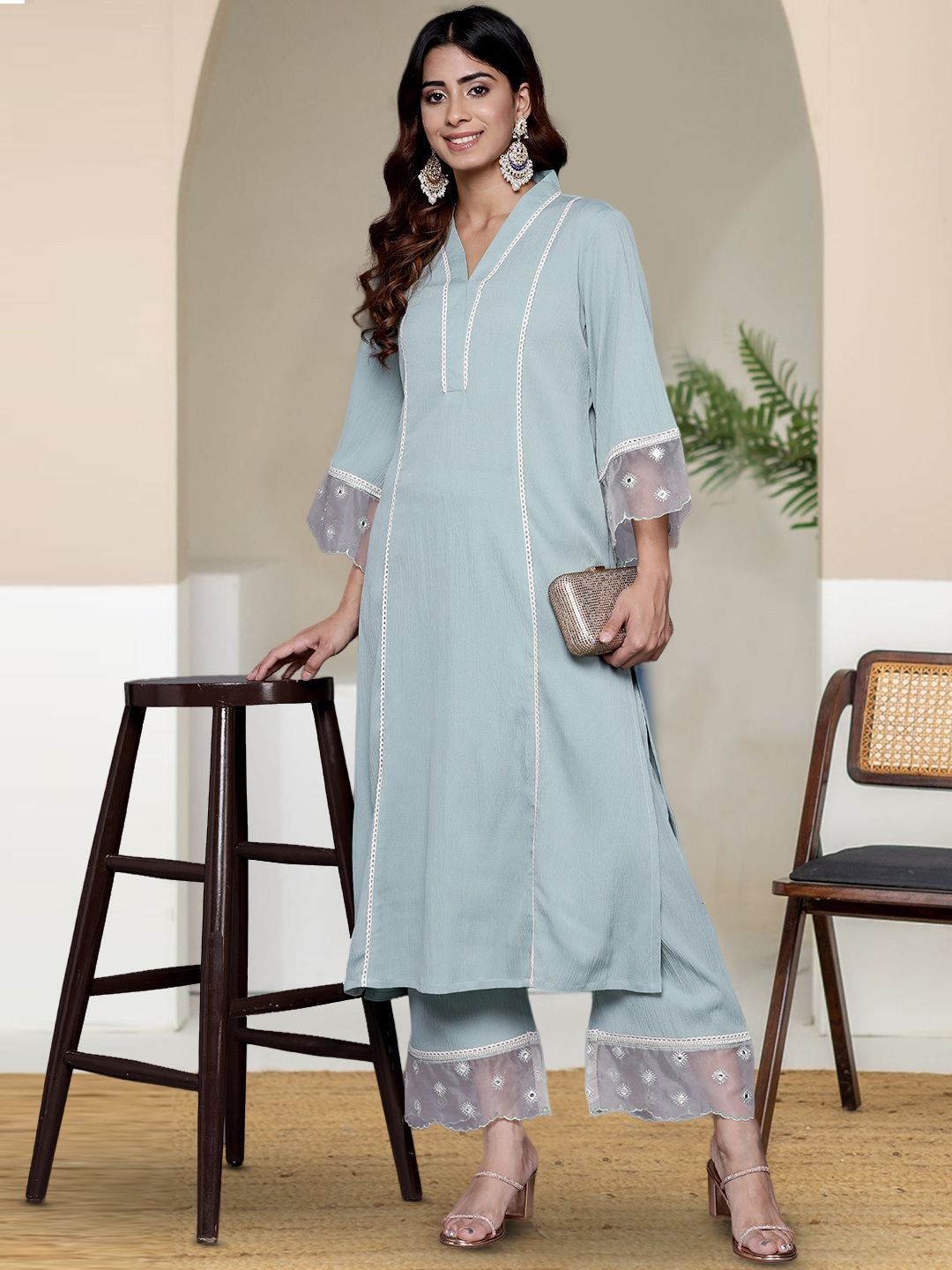 Turquoise Blue Women Solid Kurta with Trousers