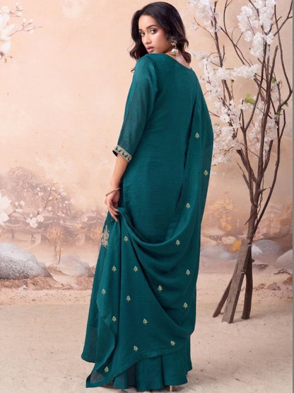 Embroidered Silk Blend Round Neck Kurta & Sharara With Dupatta