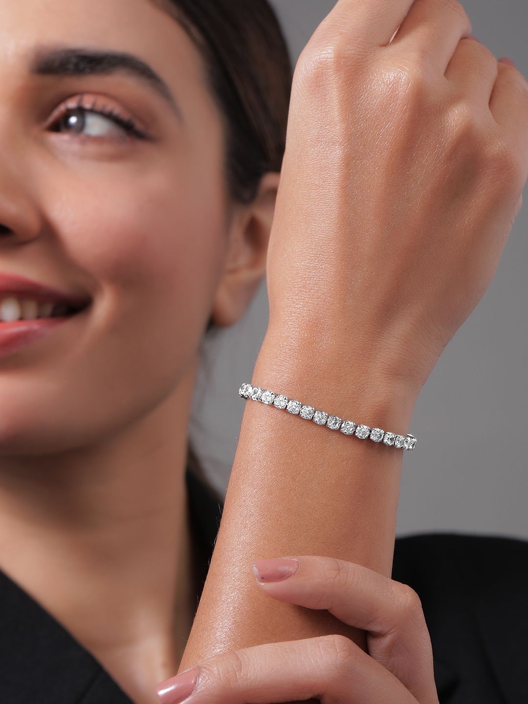 Dhiyona RJ Women's Rhodium Plated Sparkling AD & Cubic Zirconia Studded Tennis Bracelet