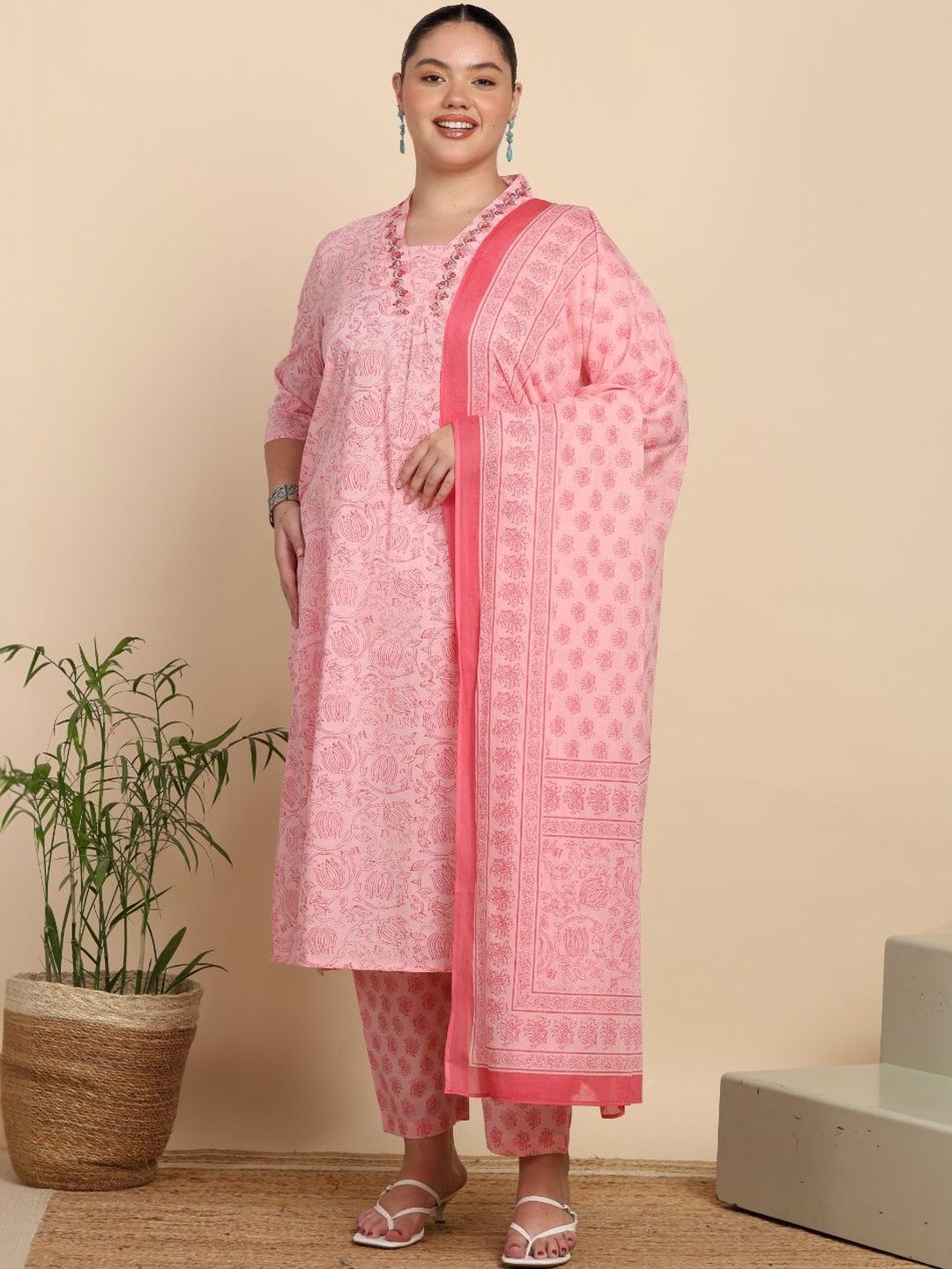 Dhiyona KL Women Ethnic Motifs Printed Regular Thread Work Pure Cotton Kurta with Trousers & With Dupatta