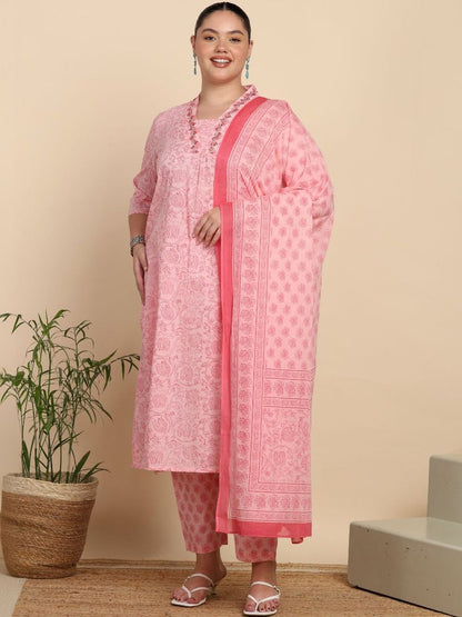 Dhiyona KL Women Ethnic Motifs Printed Regular Thread Work Pure Cotton Kurta with Trousers & With Dupatta