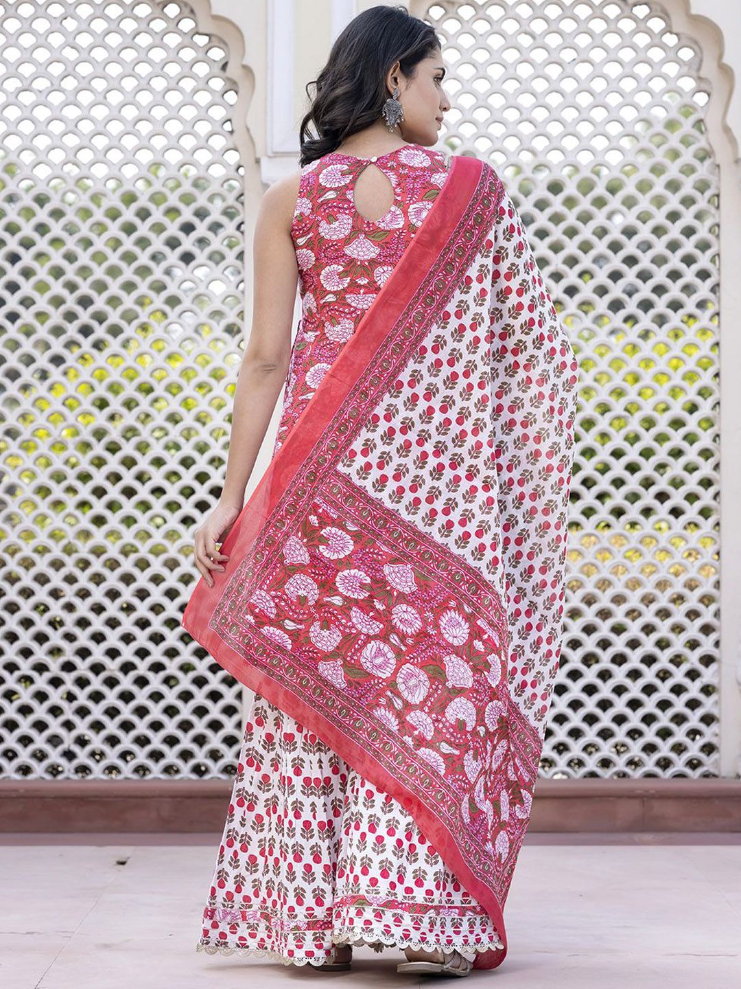 Dhiyona KL Floral Printed Anarkali Pure Cotton Kurta With Palazzos & Dupatta