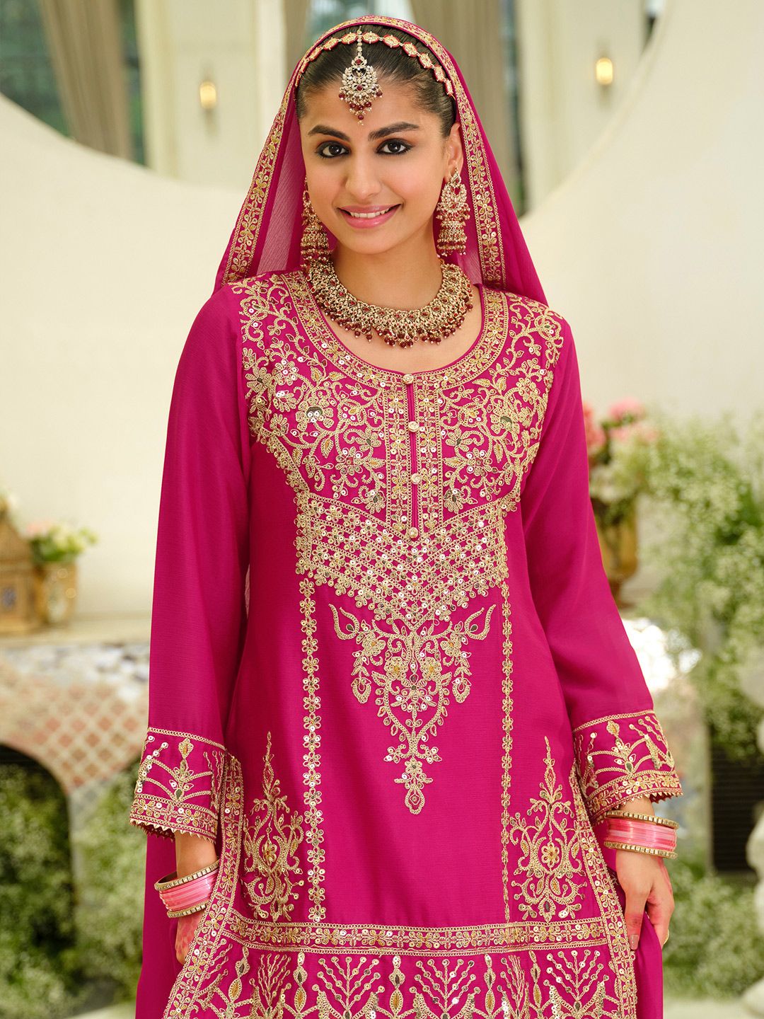 Dhiyona IE Floral Embroidered Sequinned Kurta With Sharara & Dupatta