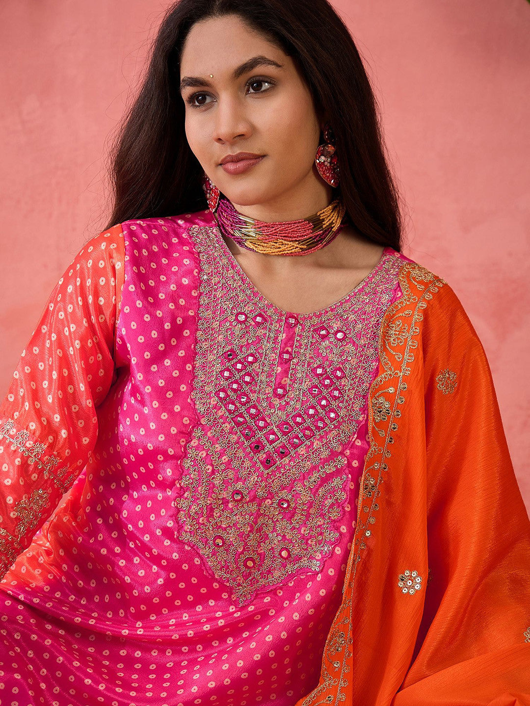 Bandhani Embroidered Round Neck Straight Kurta With Trousers & Dupatta