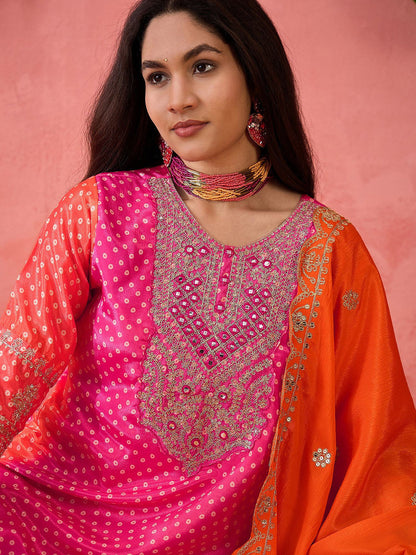 Bandhani Embroidered Round Neck Straight Kurta With Trousers & Dupatta