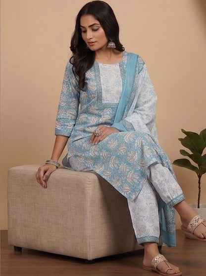 Blue Women Floral Printed Regular Kurta with Patiala & With Dupatta