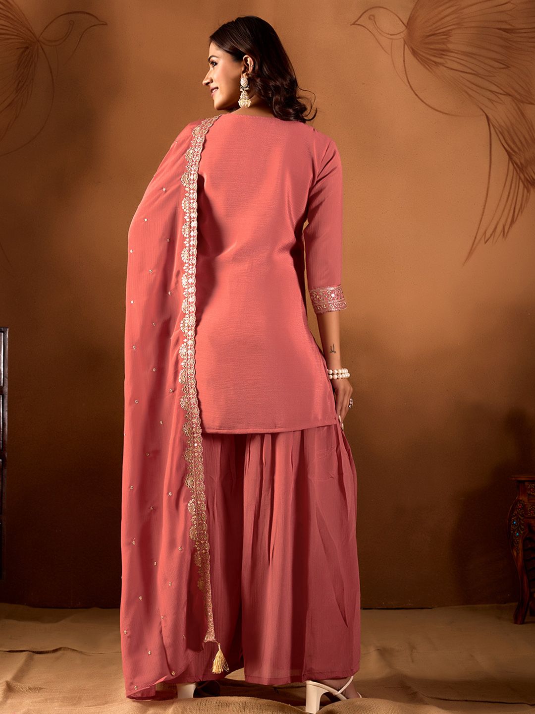 Dhiyona AN Women Ethnic Motifs Embroidered Regular Sequinned Kurta with Sharara & With Dupatta