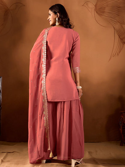 Dhiyona AN Women Ethnic Motifs Embroidered Regular Sequinned Kurta with Sharara & With Dupatta