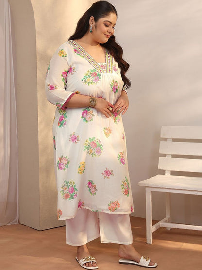 Dhiyona Women's Plus Size Floral Printed Kurta with Palazzos & With Dupatta