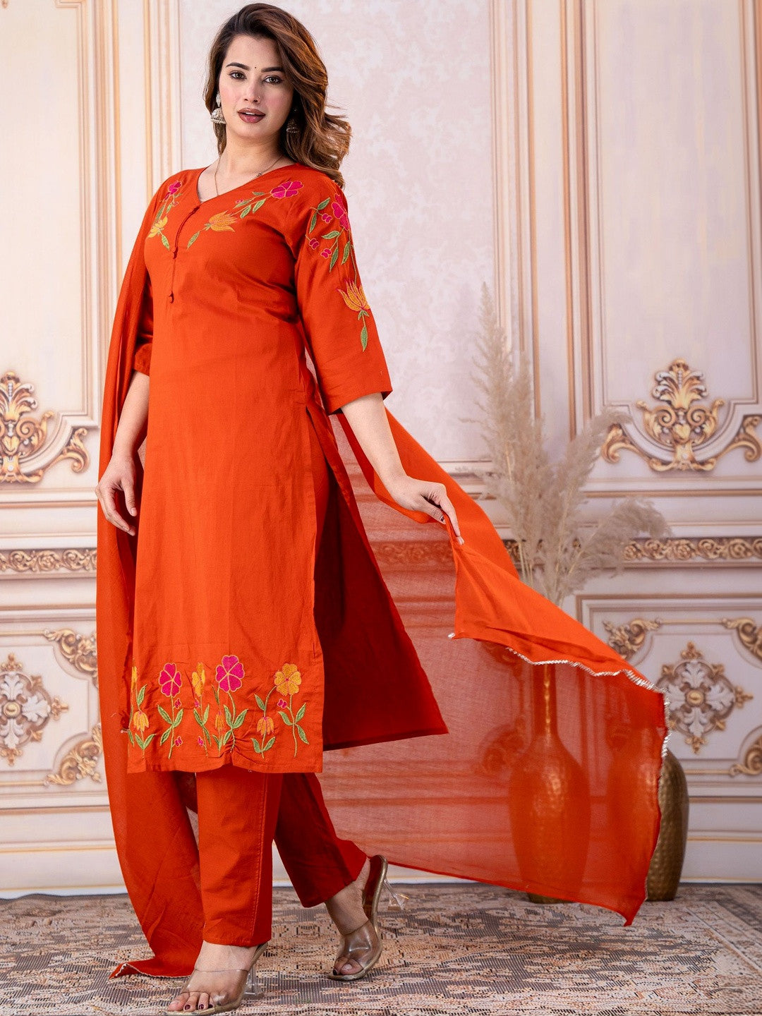 Embroidered Pure Cotton V-Neck Kurta & Trousers With Dupatta