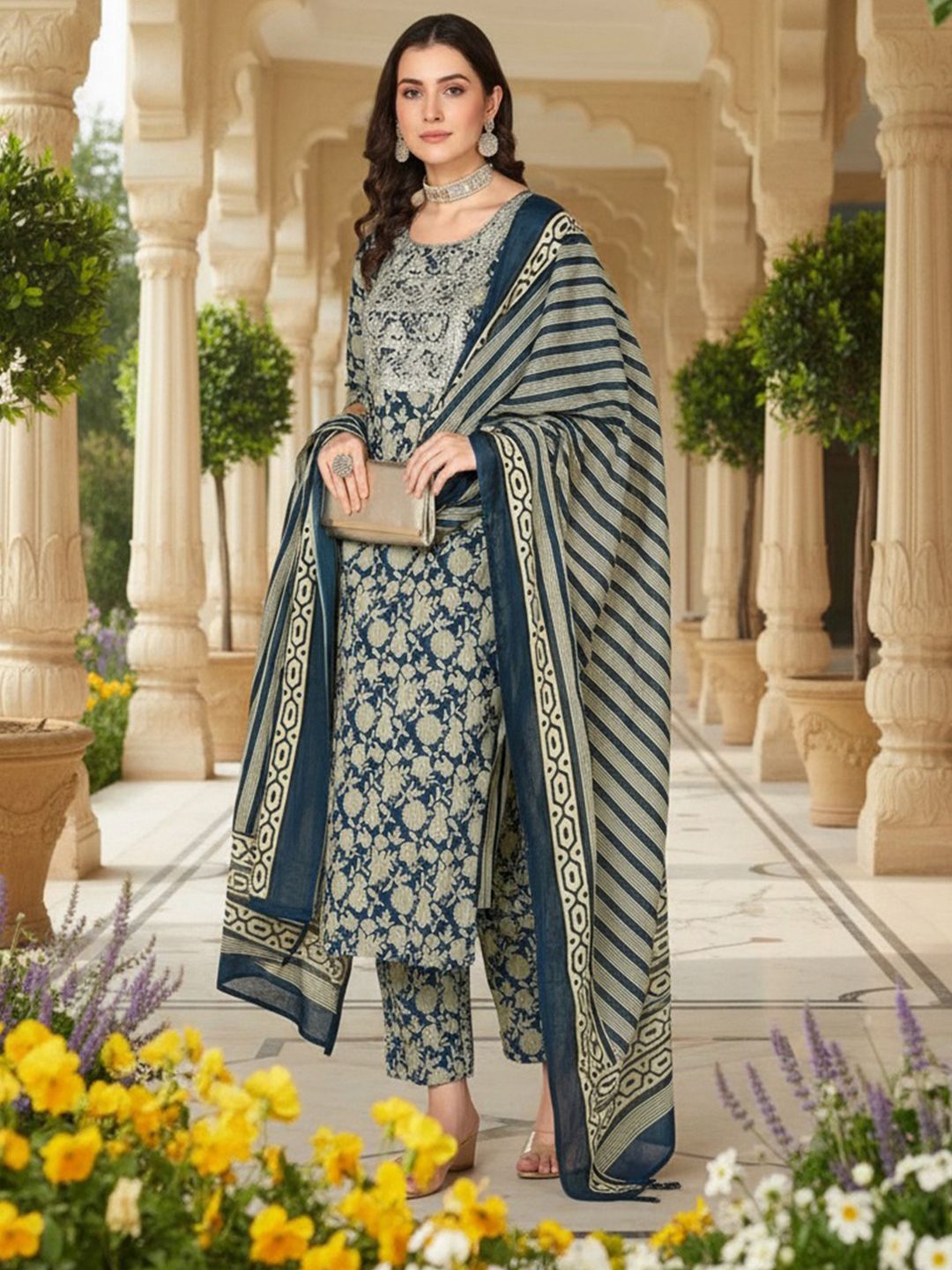 Dhiyona KL Floral Printed Straight Kurta With Trousers & Dupatta