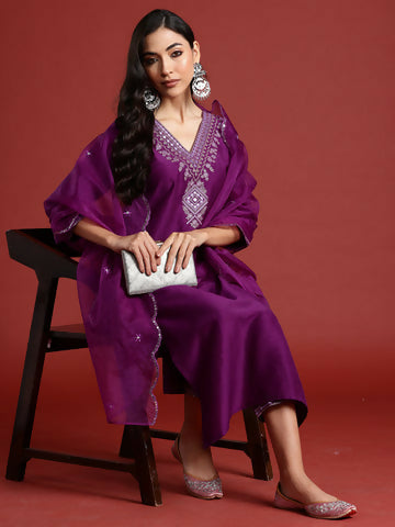 Women's Purple yoke design Kurta with Trousers with dupatta