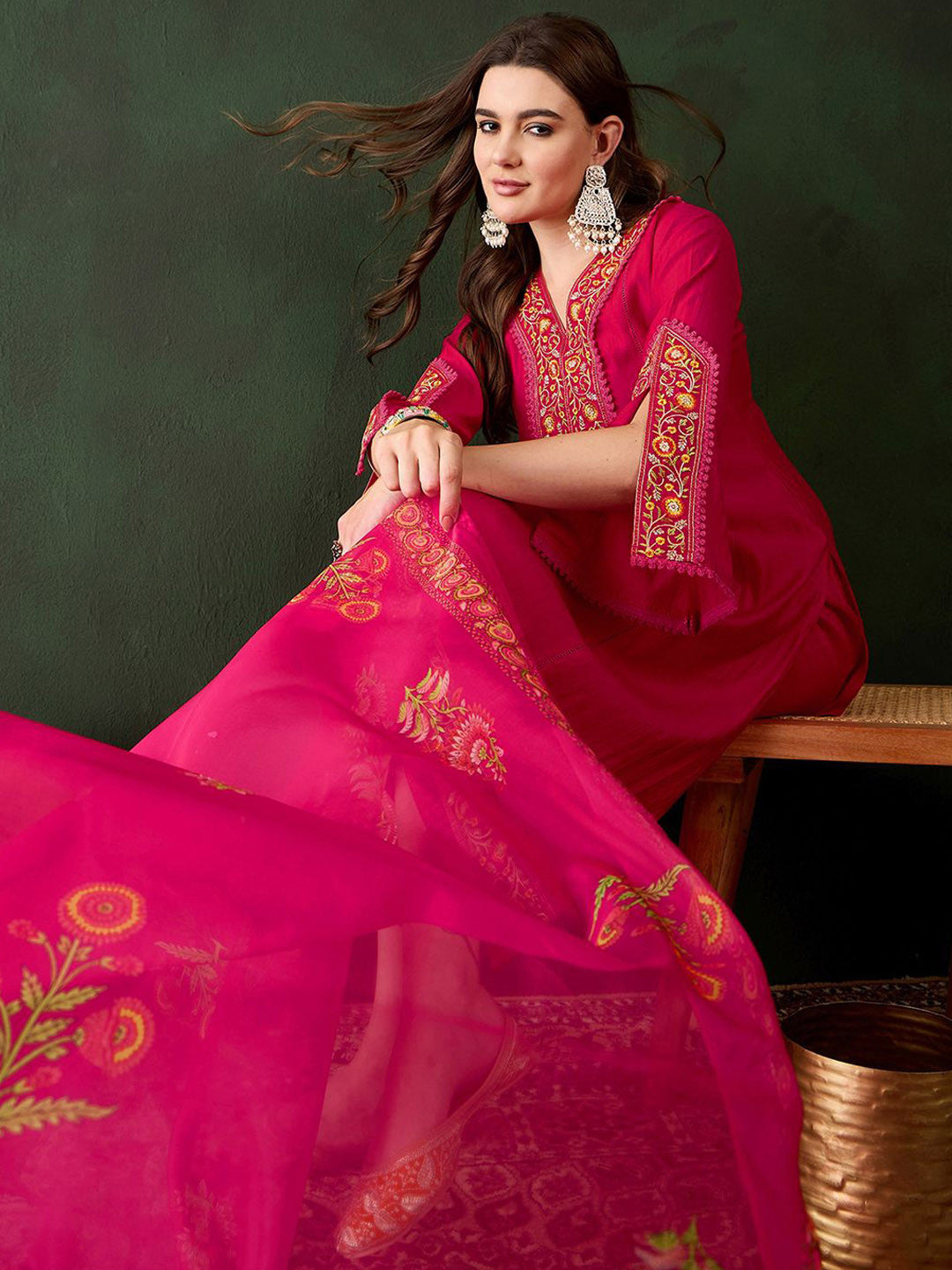 Floral Embroidered Thread Work Kurta with Trousers & Dupatta