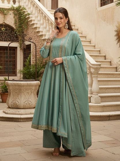 Dhiyona KL Ethnic Motifs Embroidered Panelled Kurta with Palazzos & With Dupatta
