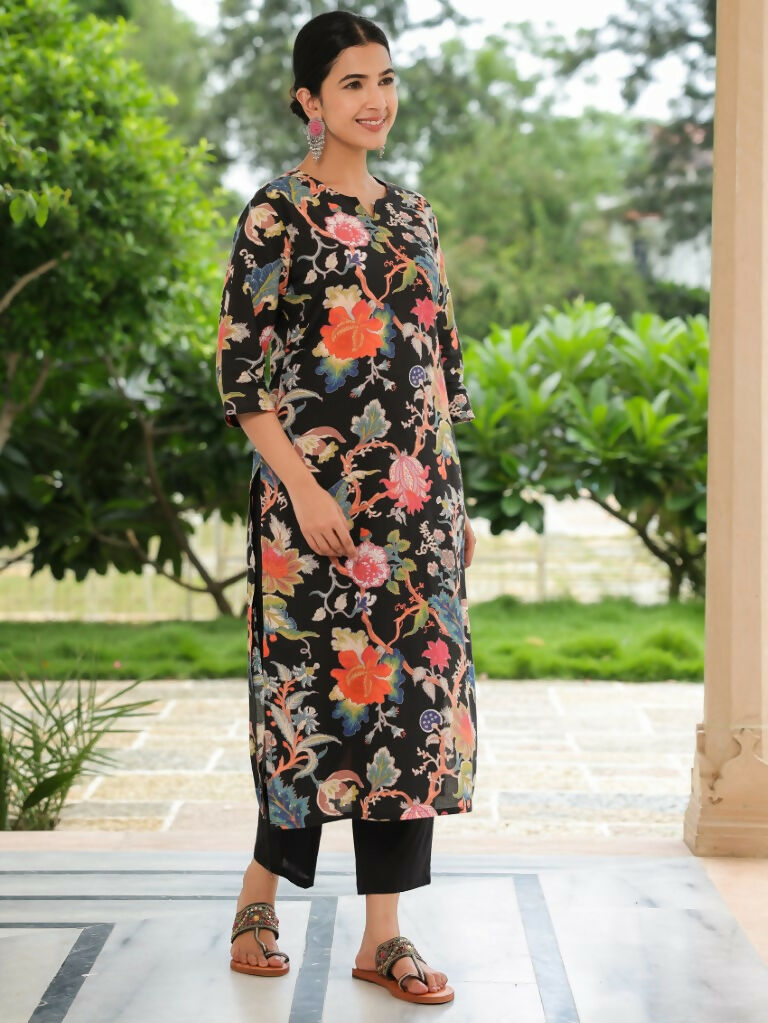 Women's Straight Soft Cotton Floral Print Women's Kurta Set - Black