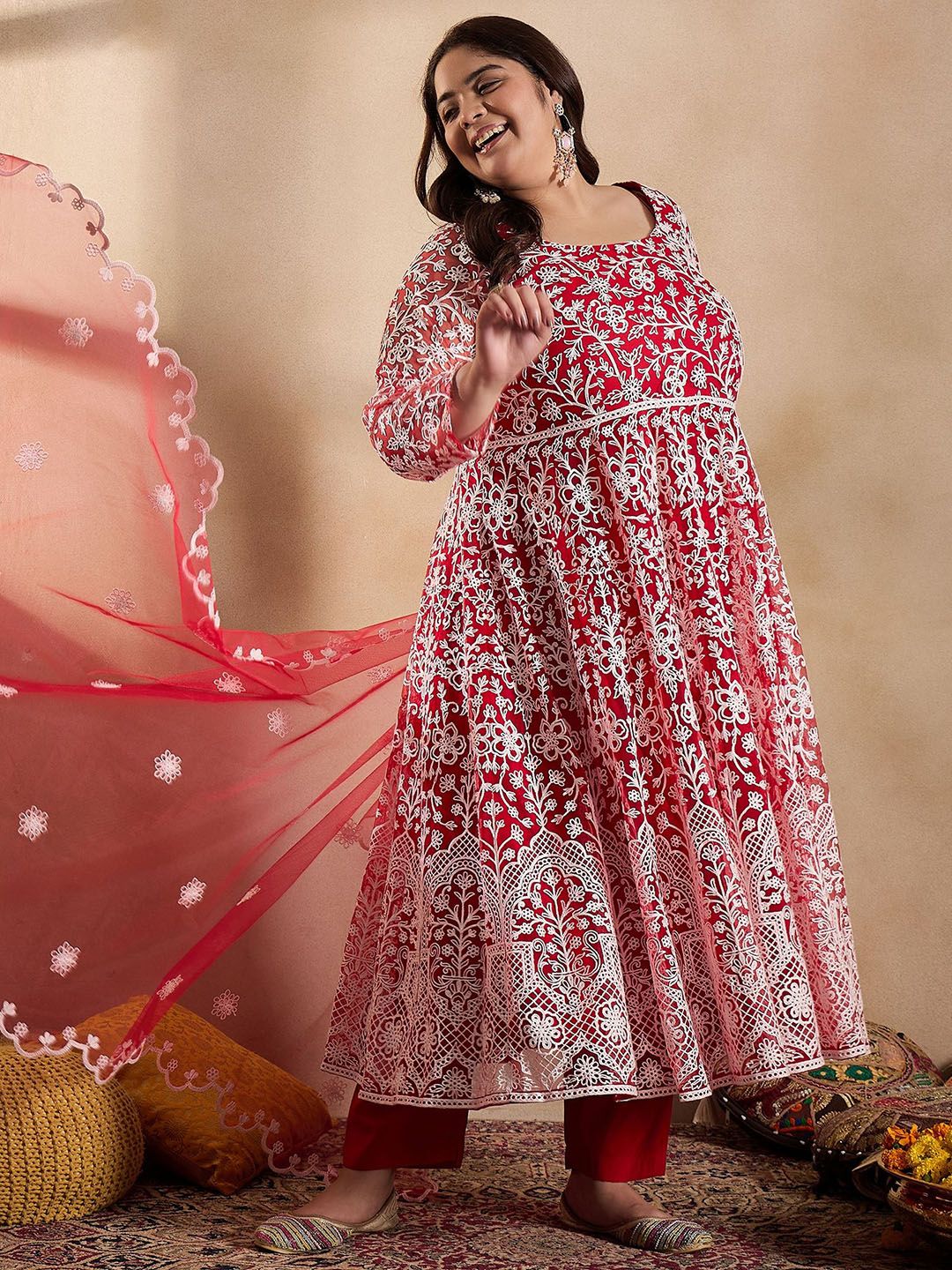 Dhiyona IN Floral Embroidered Thread Work Anarkali Net Kurta with Trousers & Dupatta