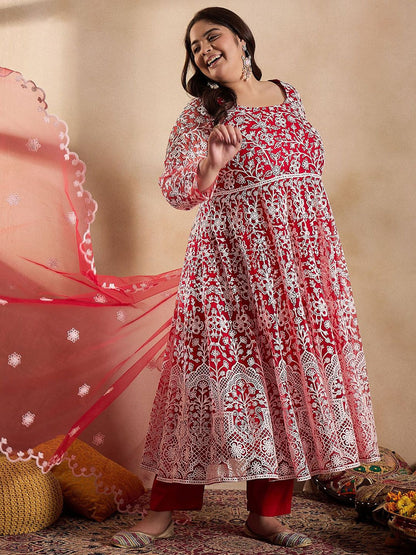 Dhiyona IN Floral Embroidered Thread Work Anarkali Net Kurta with Trousers & Dupatta