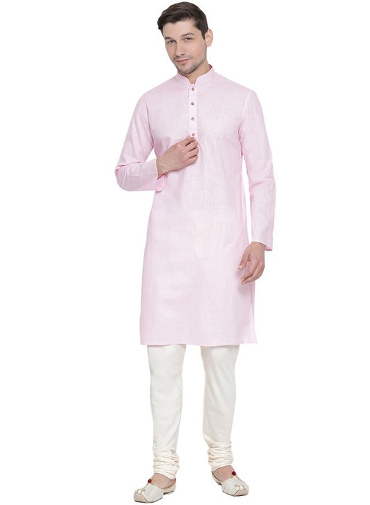 Men's Pink Cotton Linen Straight Kurta Pyjama Set