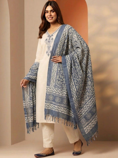 Embroidered Pure Cotton V-Neck Kurta & Trousers With Dupatta