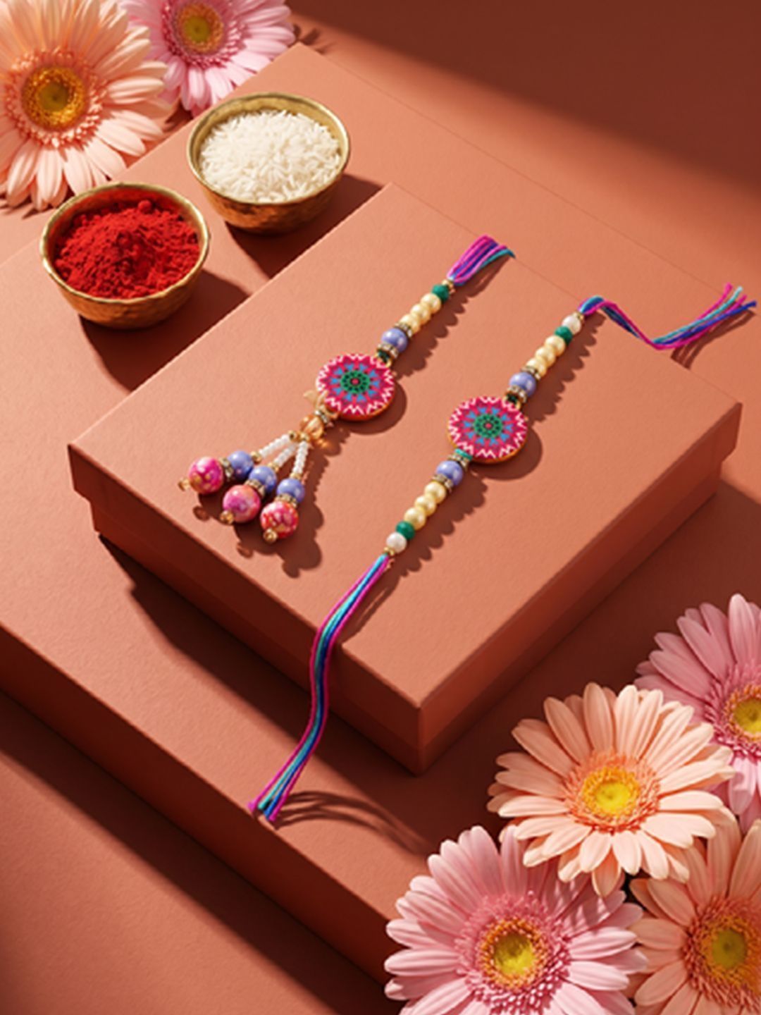 Dhiyona Set Of 2 Artificial Stones & Beads Floral Design Bhaiya Bhabhi Rakhi
