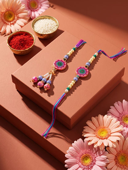 Dhiyona Set Of 2 Artificial Stones & Beads Floral Design Bhaiya Bhabhi Rakhi