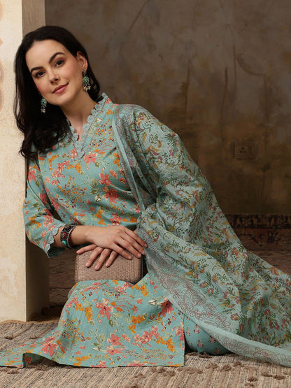 Floral Printed Pure Cotton Straght Kurta & Trouser With Dupatta