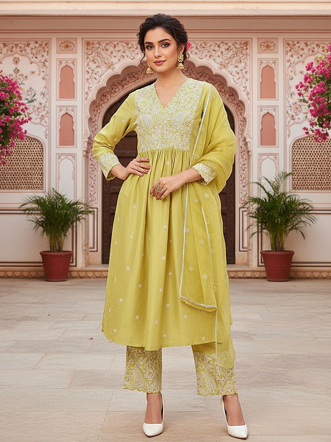 Dhiyona KL Ethnic Motifs Embroidered Pleated Thread Work Kurta with Palazzos & With Dupatta