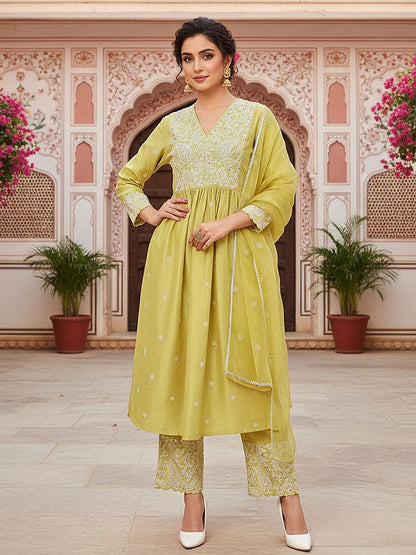 Dhiyona KL Ethnic Motifs Embroidered Pleated Thread Work Kurta with Palazzos & With Dupatta