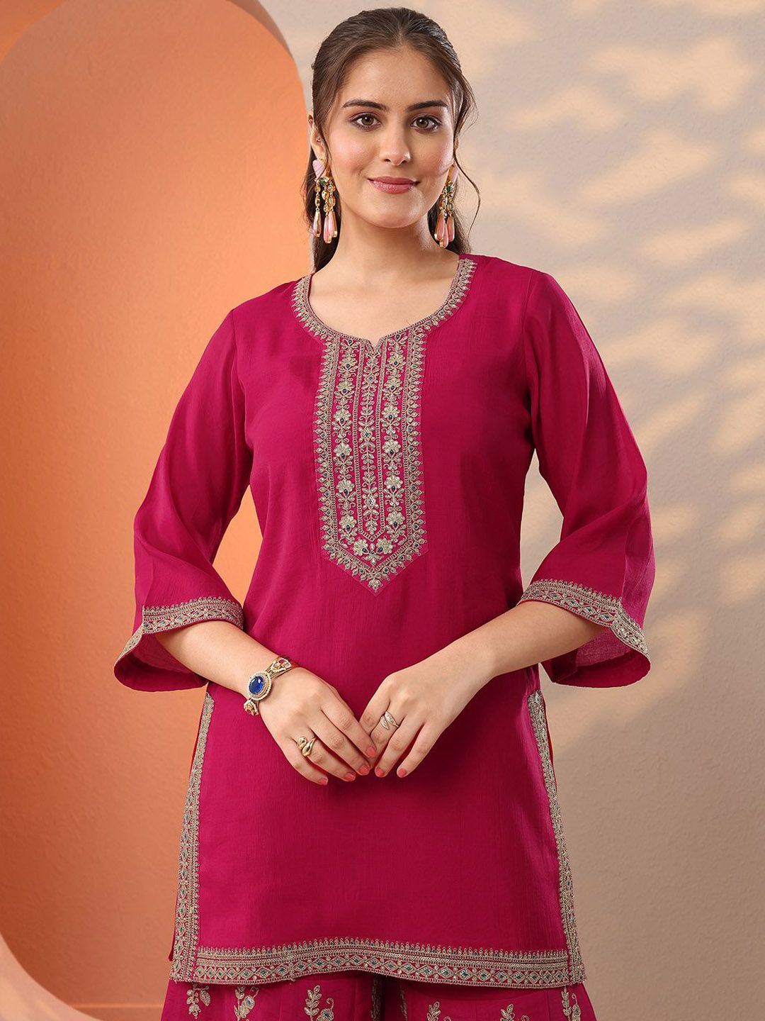 Dhiyona LL Women Ethnic Motifs Embroidered Regular Thread Work Kurta with Palazzos & Dupatta