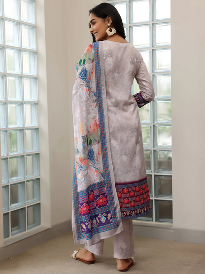 Women's LB Grey Printed Linen Straight Suit With Dupatta