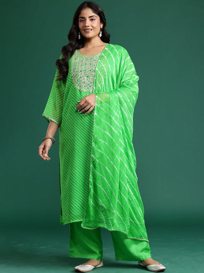 Dhiyona Women's Leheriya Printed Regular Thread Work Kurta with Trousers & With Dupatta