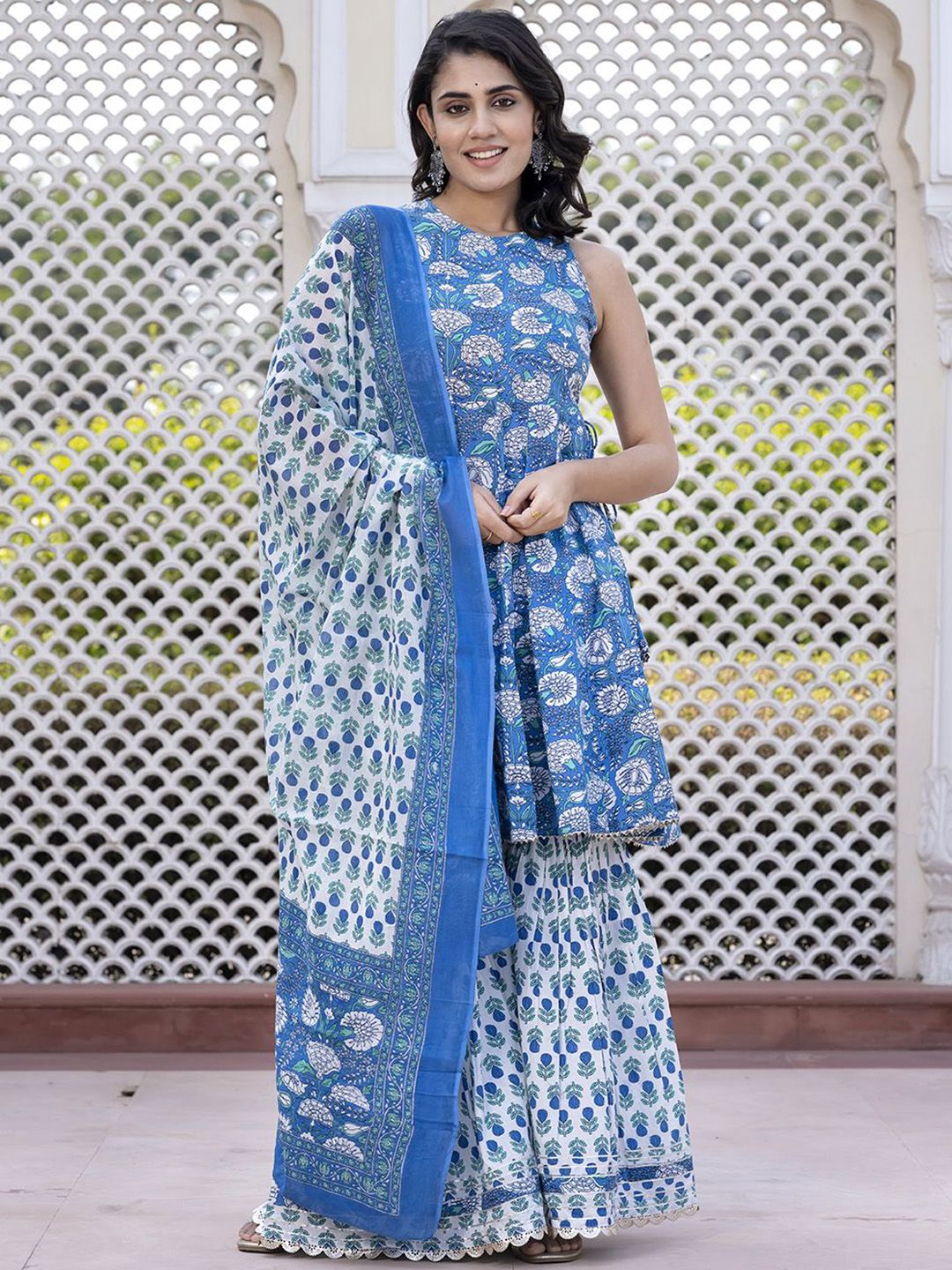 Dhiyona KL Floral Printed Anarkali Pure Cotton Kurta With Palazzos & Dupatta