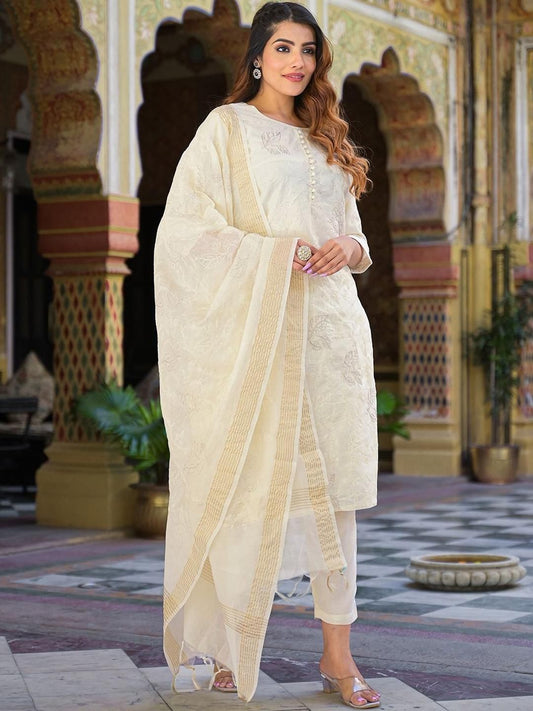 Dhiyona KL Women Cream Chanderi Silk Kurta Sets