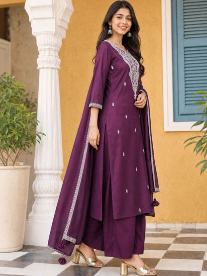 Women Ethnic Motifs Embroidered Regular Thread Work Kurta with Palazzos & With Dupatta