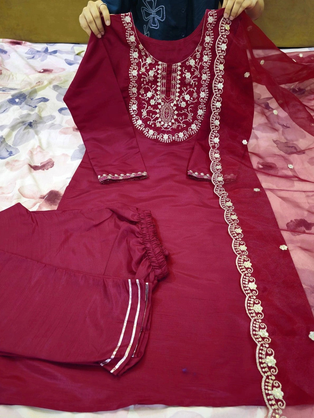 Women Embroidered Regular Kurta with Trousers & With Dupatta