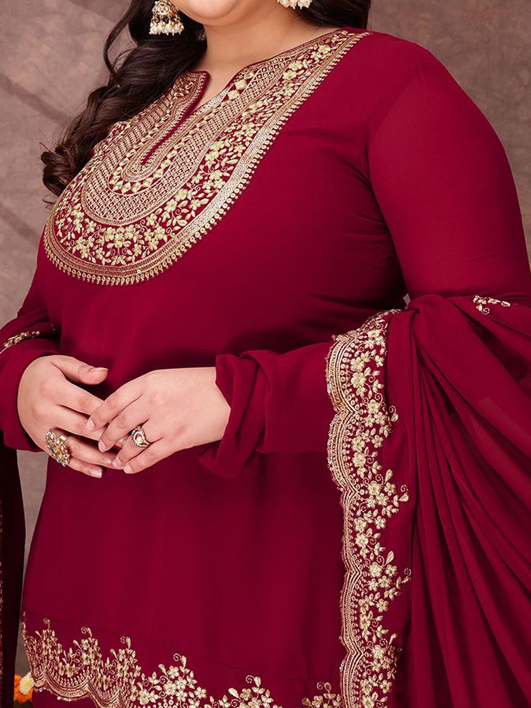 Dhiyona IN Floral Yoke Design Thread Work Georgette Straight Kurta With Sharara & Dupatta