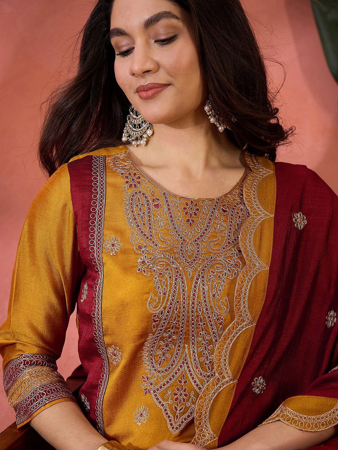 Dhiyona SN Vichitra Zari Sequence Embroidered Kurta With Trousers & Dupatta