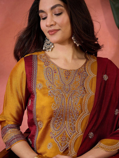 Dhiyona SN Vichitra Zari Sequence Embroidered Kurta With Trousers & Dupatta