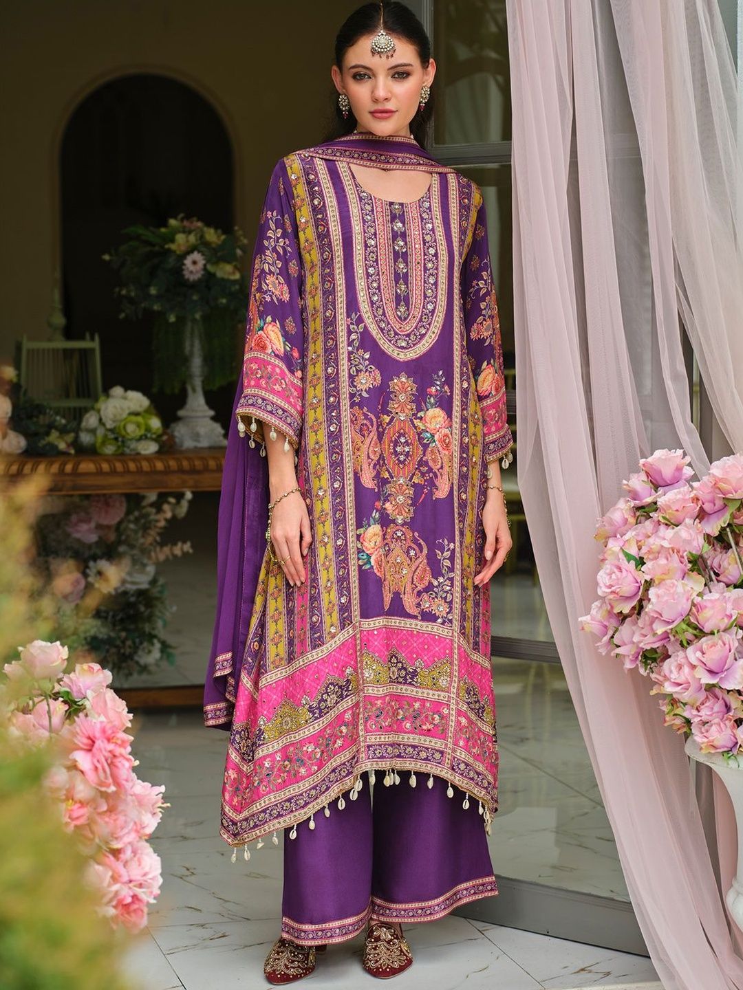 Dhiyona IE Ethnic Motifs Printed Round Neck Mirror Work Silk Kurta With Palazzos & Dupatta