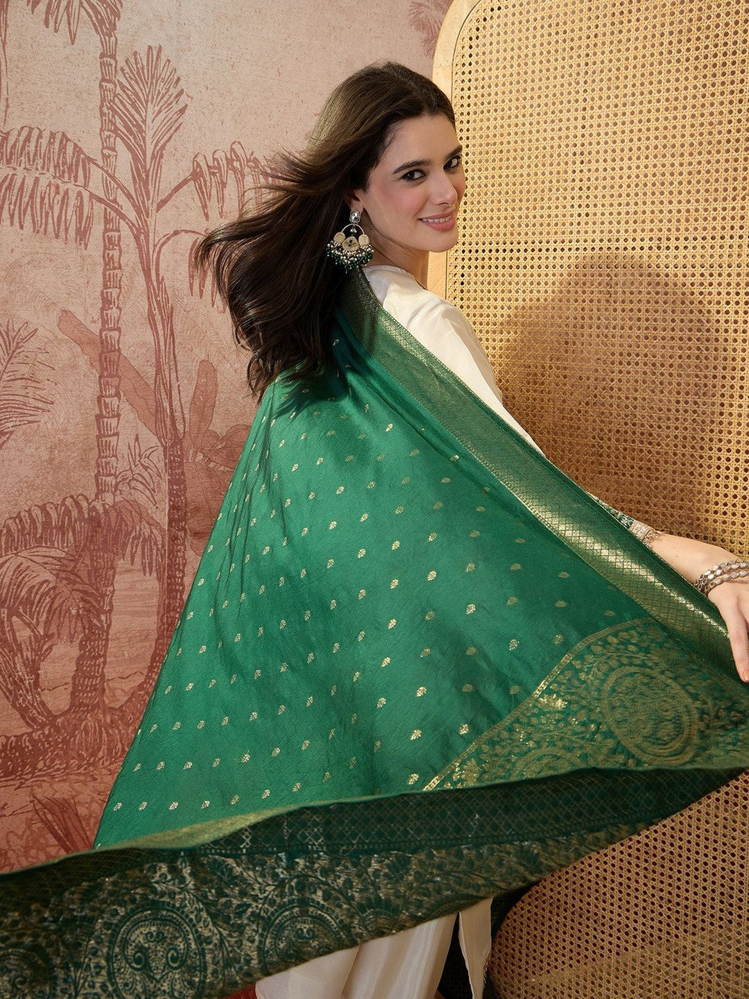 Embroidered V-Neck Kurta Trousers & Dupatta