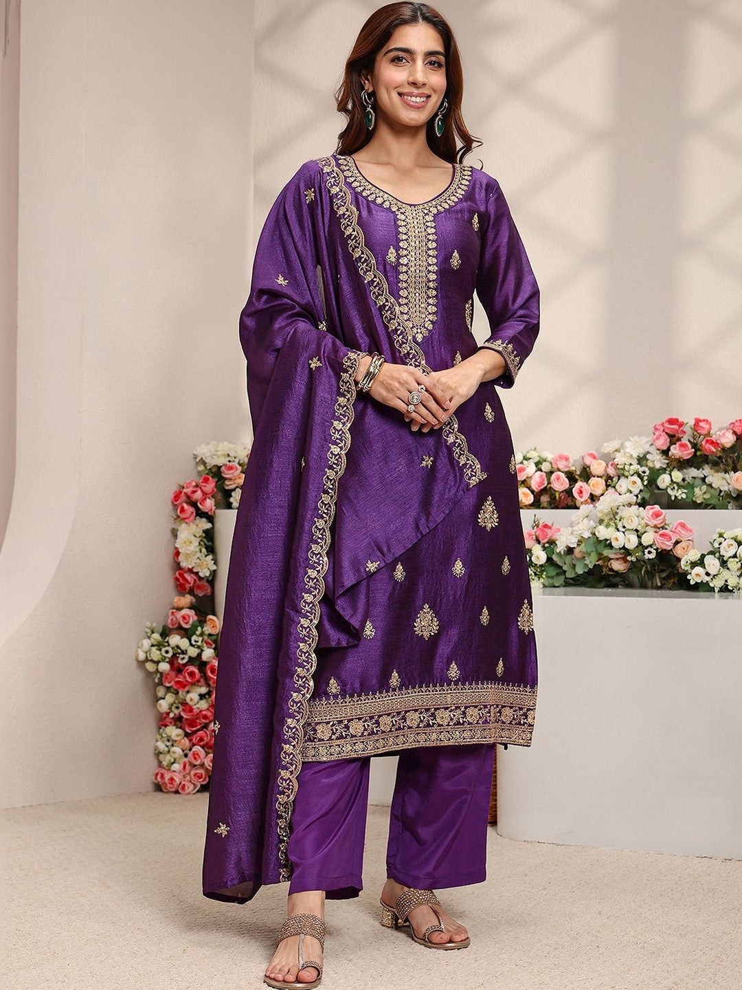 Purple Ethnic Motifs Embroidered Straight Suit Set with Dupatta