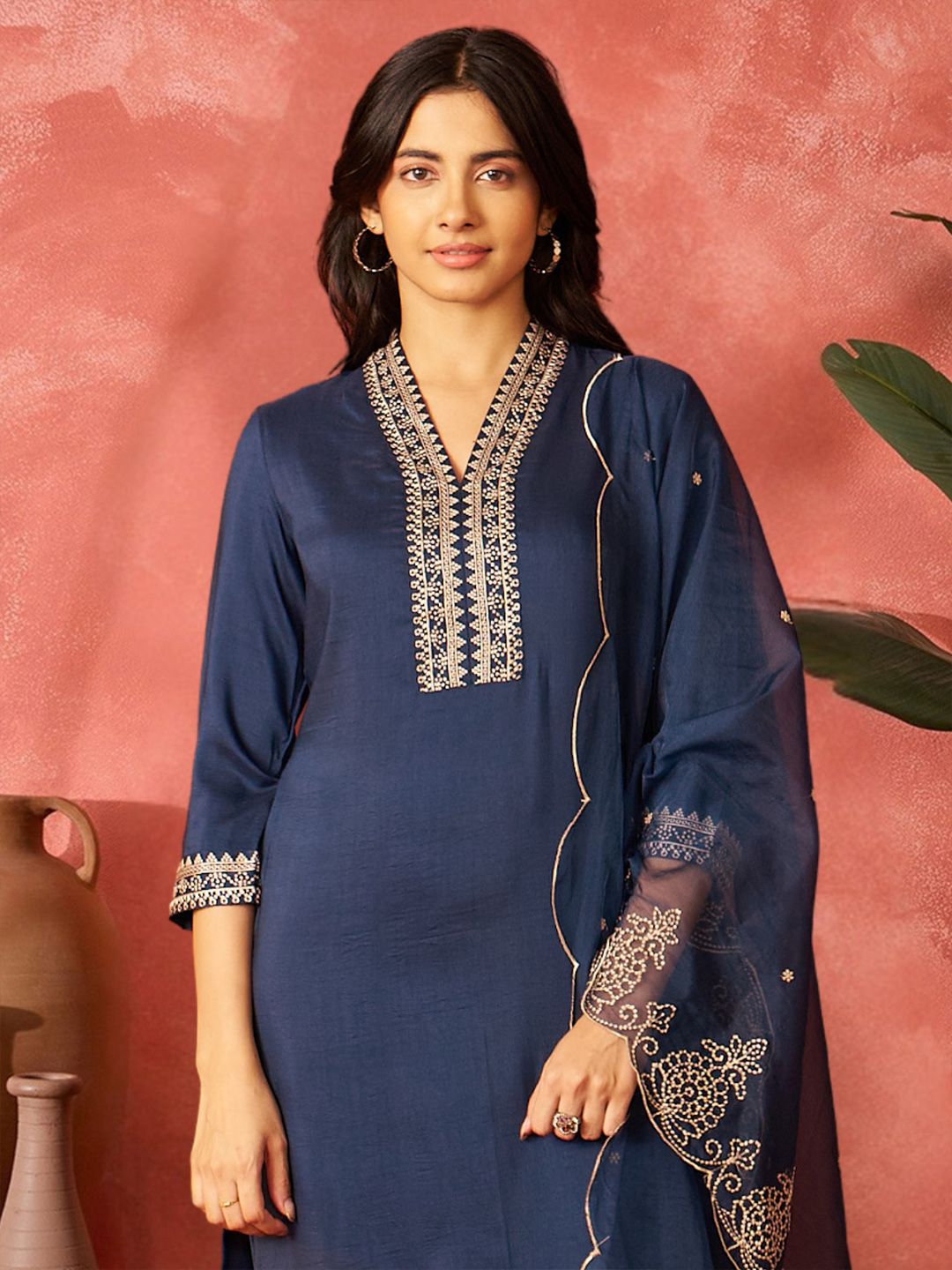Dhiyona IE Women Ethnic Motifs Embroidered Regular Thread Work Kurta with Trousers & With Dupatta