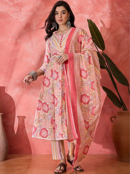 Printed Pure Cotton Round Neck Kurta & Trousers Kurta Sets