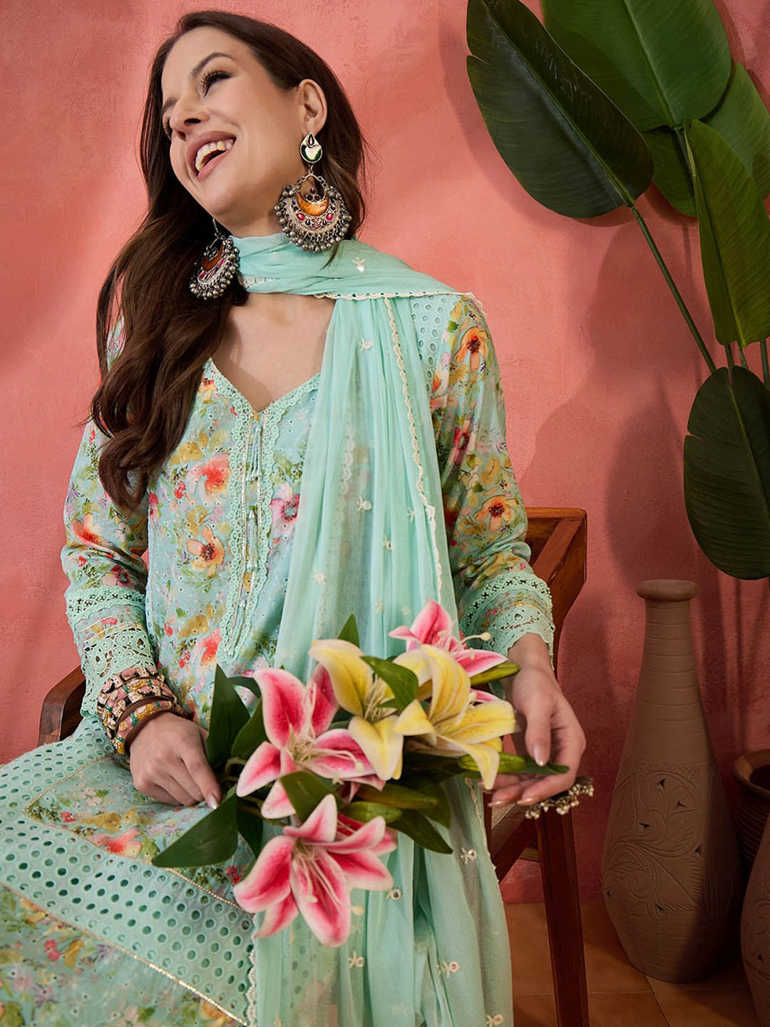 Floral Embroidered V-Neck Sequinned Cotton Straight Kurta With Trouser & Dupatta
