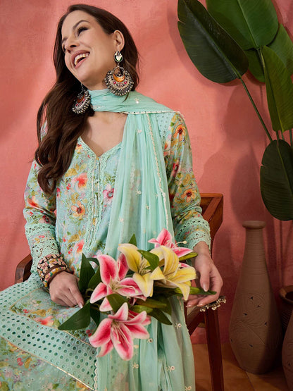 Floral Embroidered V-Neck Sequinned Cotton Straight Kurta With Trouser & Dupatta