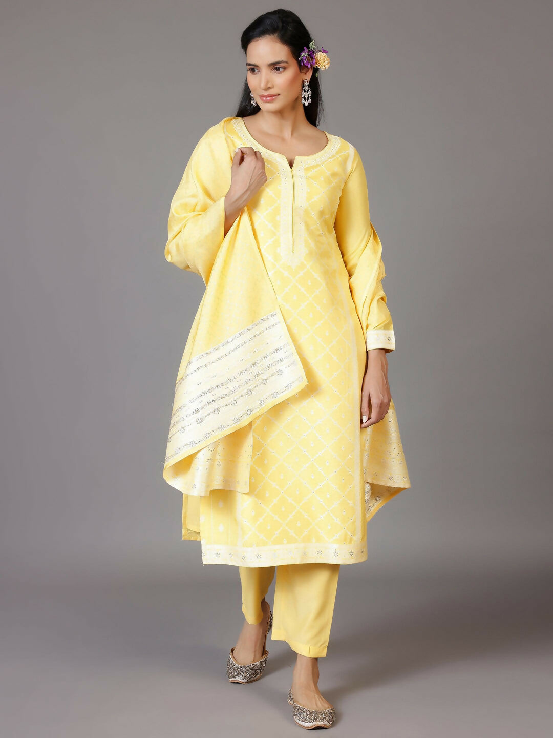 Women's LB Yellow Woven Design Silk Blend Straight Suit With Dupatta