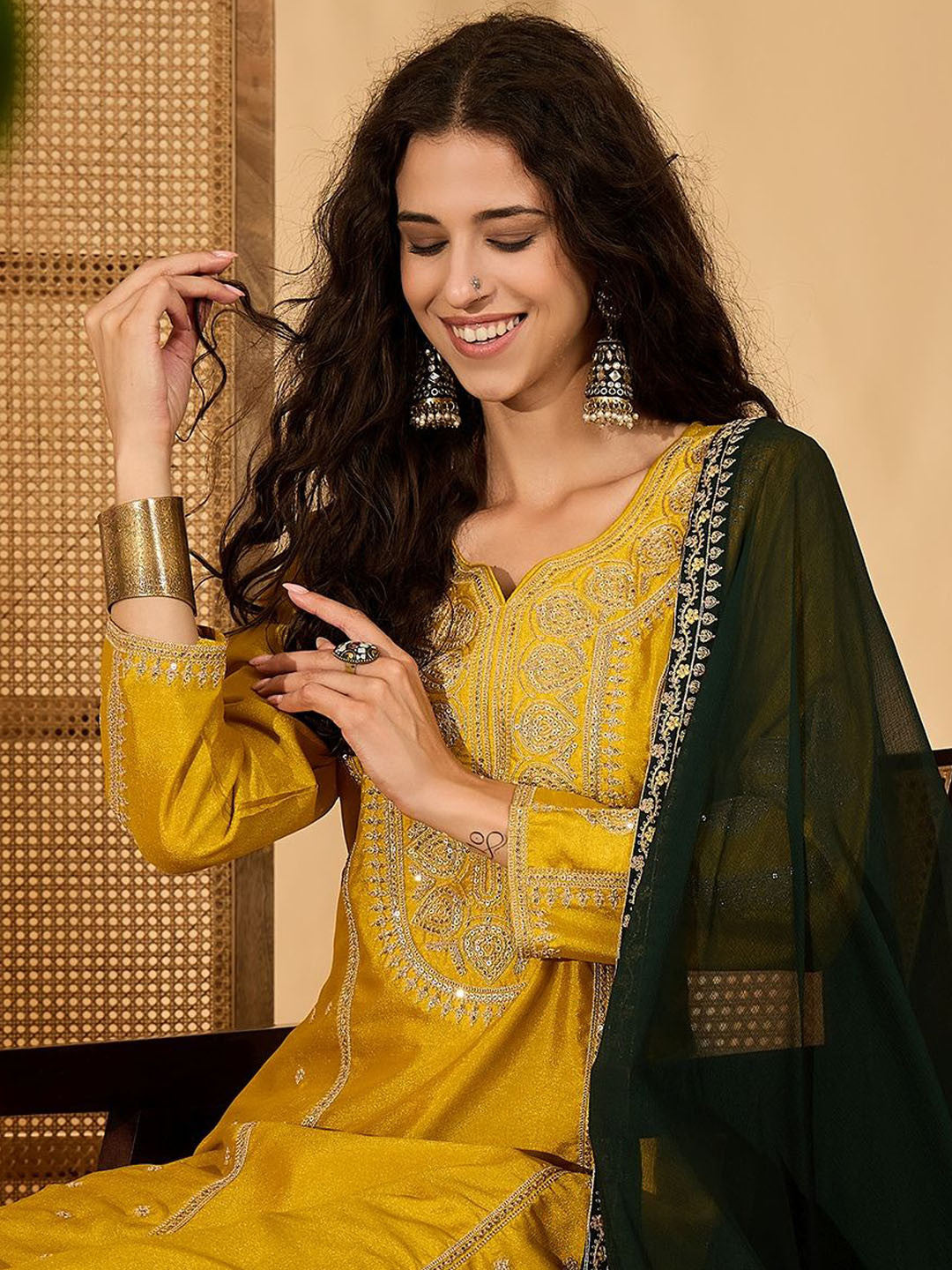 Women Ethnic Motif Embroidered Sequinned Kurta With Trousers & Dupatta